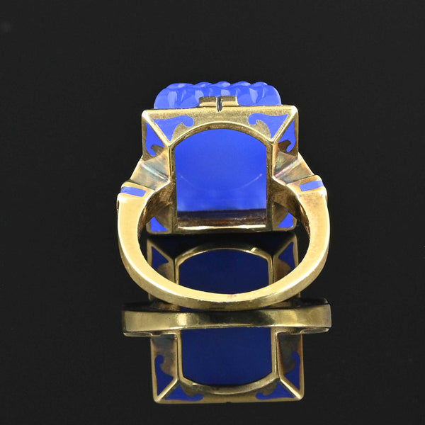 Art Deco Blue Enamel Sugarloaf Chalcedony Ring in 14K Gold - Boylerpf