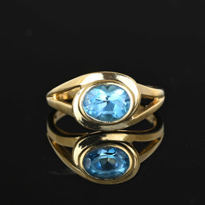 Vintage 14K Gold Blue Topaz Ring, Bypass Style - Boylerpf