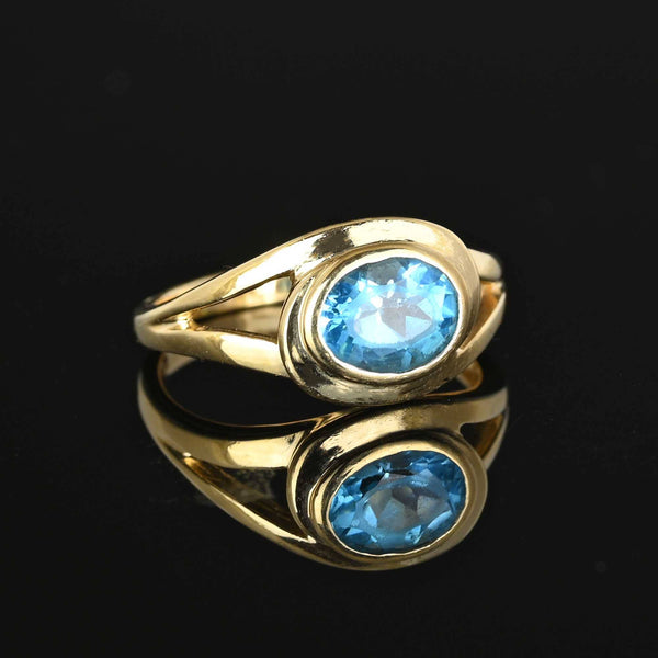 Vintage 14K Gold Blue Topaz Ring, Bypass Style - Boylerpf
