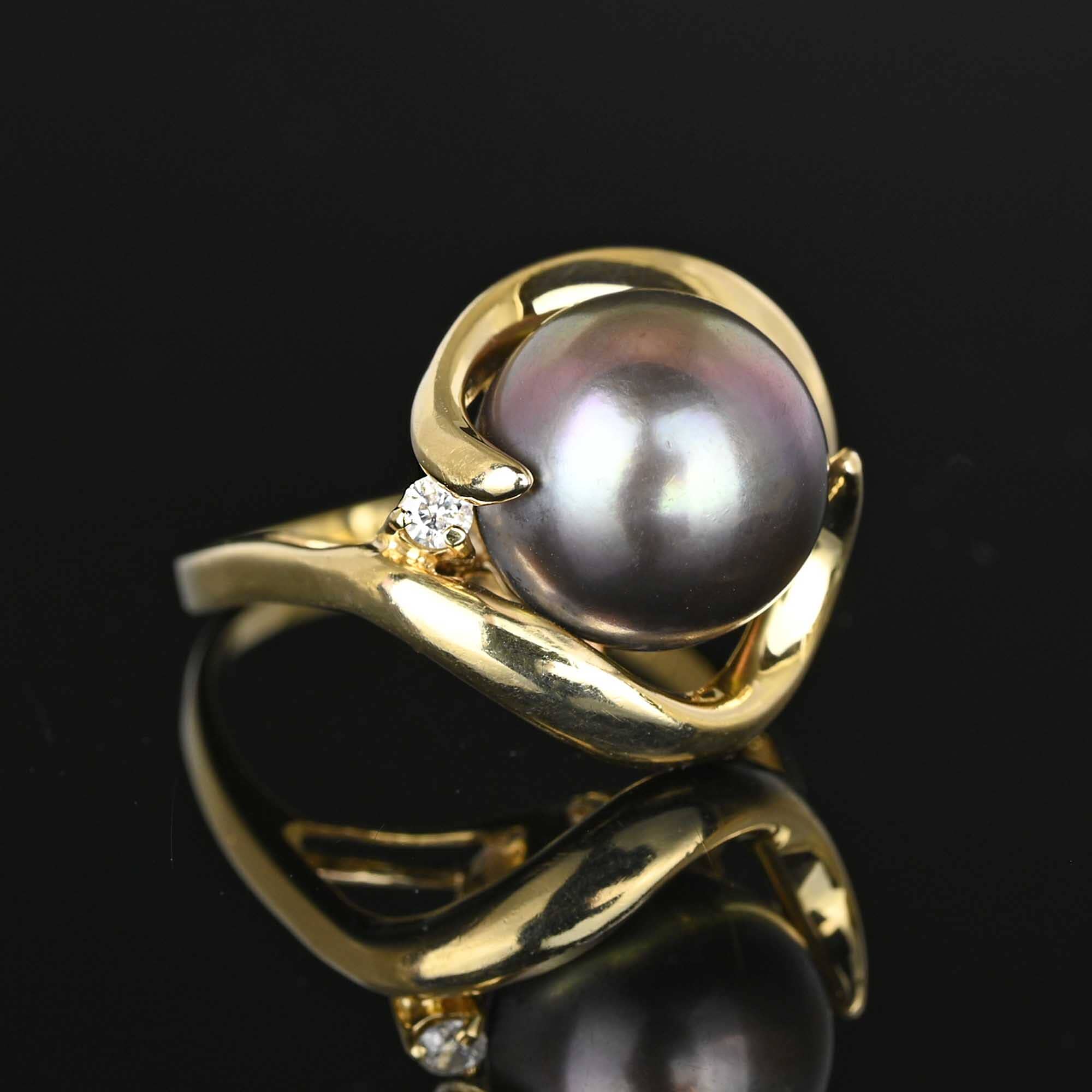 Diamond Tahitian Black Pearl Ring in 14K Gold Boylerpf