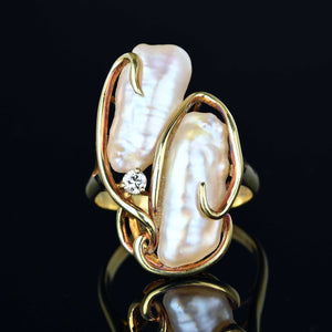 Free Form Diamond Baroque Pearl Ring in 14K Gold - Boylerpf