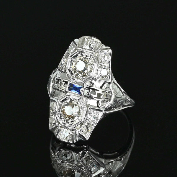 Antique Art Deco Sapphire Diamond Ring in 18K White Gold - Boylerpf