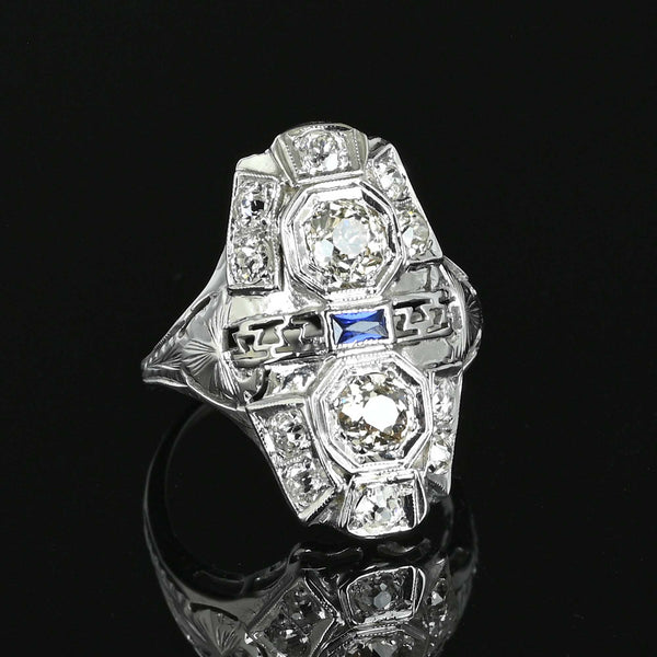 Antique Art Deco Sapphire Diamond Ring in 18K White Gold - Boylerpf