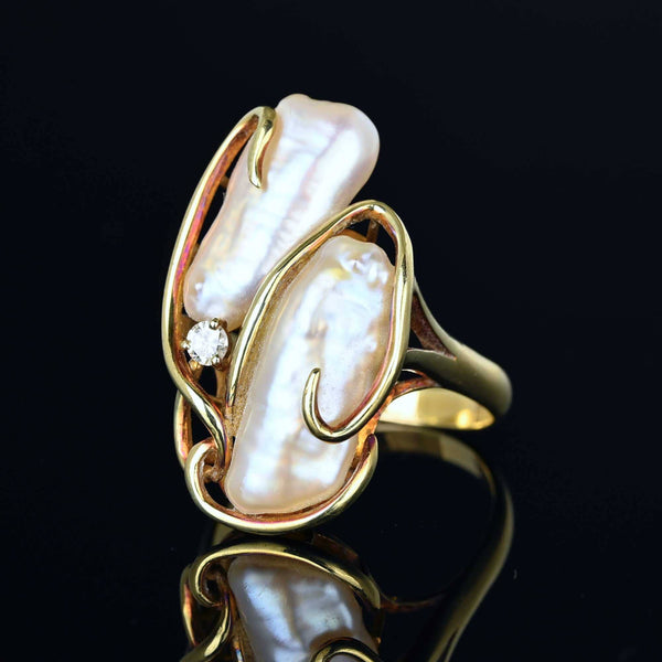 Free Form Diamond Baroque Pearl Ring in 14K Gold - Boylerpf