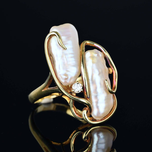 Free Form Diamond Baroque Pearl Ring in 14K Gold - Boylerpf