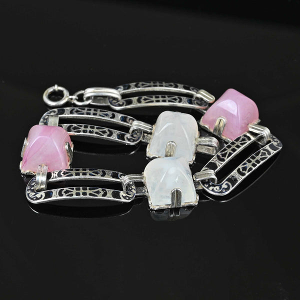 Art Deco Silver Moonstone Pink Quartz Enamel Bracelet - Boylerpf