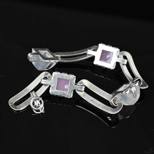 Art Deco Silver Moonstone Pink Quartz Enamel Bracelet - Boylerpf