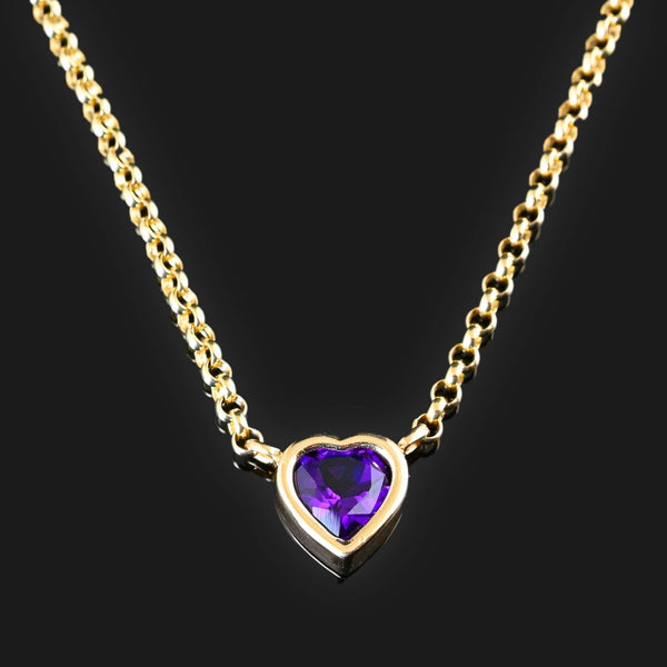 Vintage 14K Gold Amethyst Heart Necklace, Rolo Chain - Boylerpf