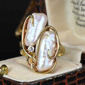 Free Form Diamond Baroque Pearl Ring in 14K Gold - Boylerpf