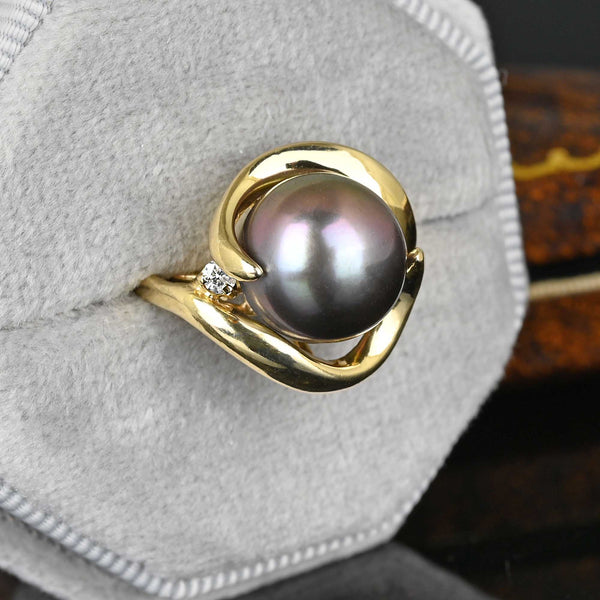 Diamond Tahitian Black Pearl Ring in 14K Gold - Boylerpf