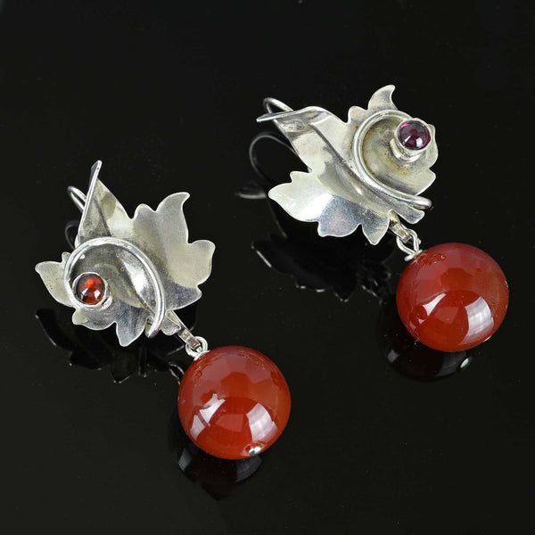 Vintage Maple Leaf Carnelian Garnet Earrings in Silver - Boylerpf