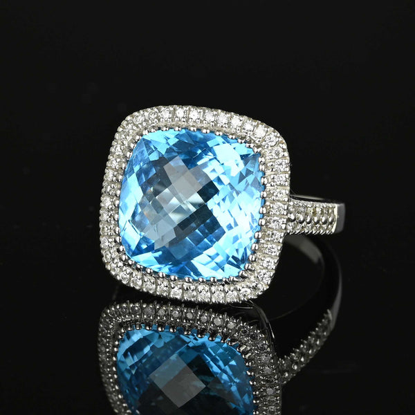 Diamond Halo Checkerboard Blue Topaz Ring 14K White Gold - Boylerpf