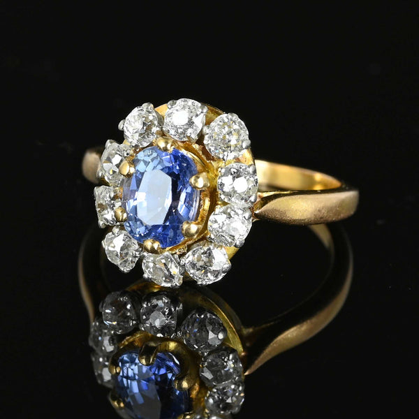 Antique Diamond Halo Ceylon Sapphire Ring in 18K Gold - Boylerpf