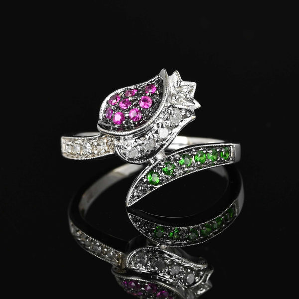 Ruby Diamond Green Sapphire Tulip Ring in 14K White Gold - Boylerpf