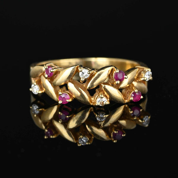 Vintage 14K Gold Petal Leaf Ruby Diamond Ring - Boylerpf