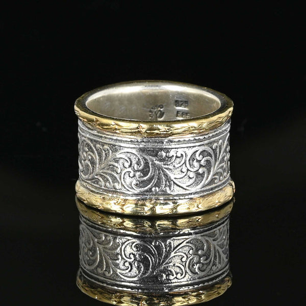 Wide 14K Gold & Silver Engraved Band Ring - Boylerpf