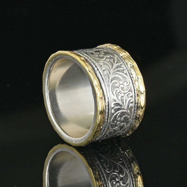 Wide 14K Gold & Silver Engraved Band Ring - Boylerpf