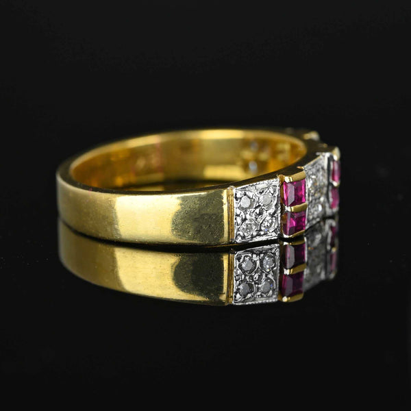 Vintage 18K Gold Diamond Square Cut Ruby Ring Band - Boylerpf