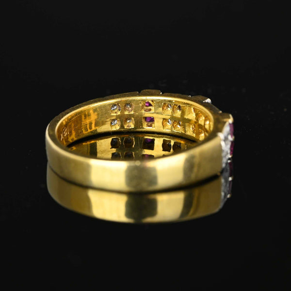 Vintage 18K Gold Diamond Square Cut Ruby Ring Band - Boylerpf