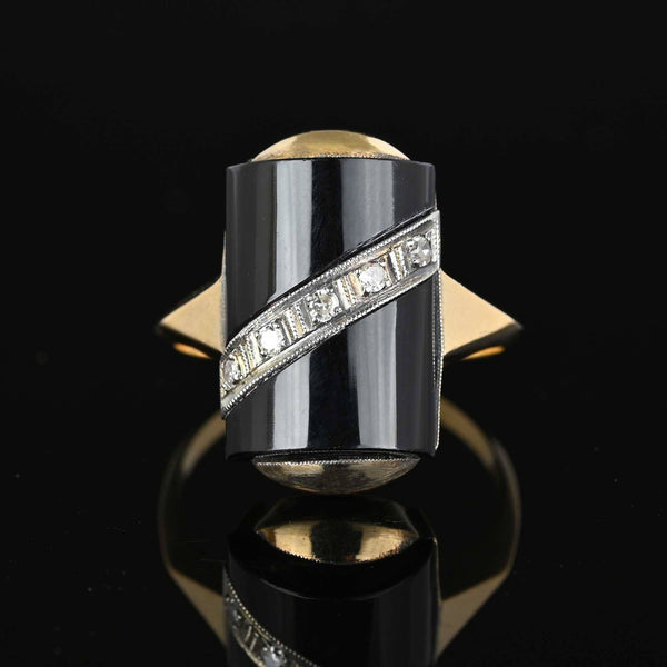 Vintage Barrel Black Onyx and Diamond Ring in Gold - Boylerpf