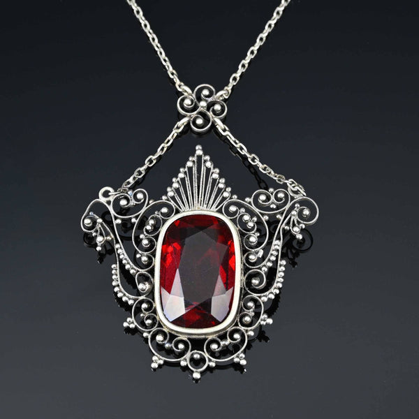 Antique Ruby Crystal Silver Filigree Necklace - Boylerpf