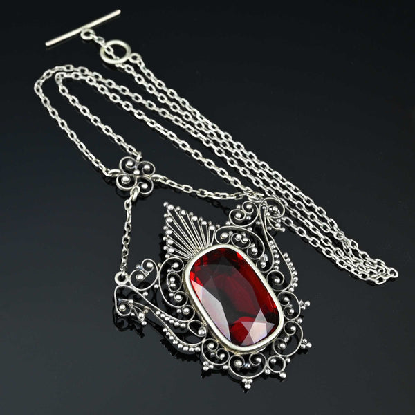 Antique Ruby Crystal Silver Filigree Necklace - Boylerpf