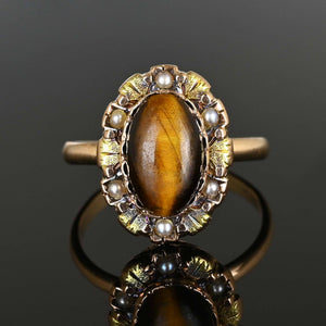 Antique Gold Pearl Cabochon Tiger's Eye Ring - Boylerpf