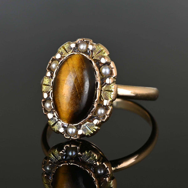 Antique Gold Pearl Cabochon Tiger's Eye Ring - Boylerpf