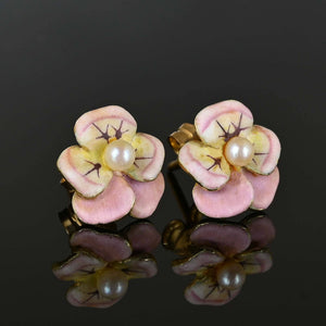 Art Nouveau Pearl Enamel Pansy Stud Earrings - Boylerpf