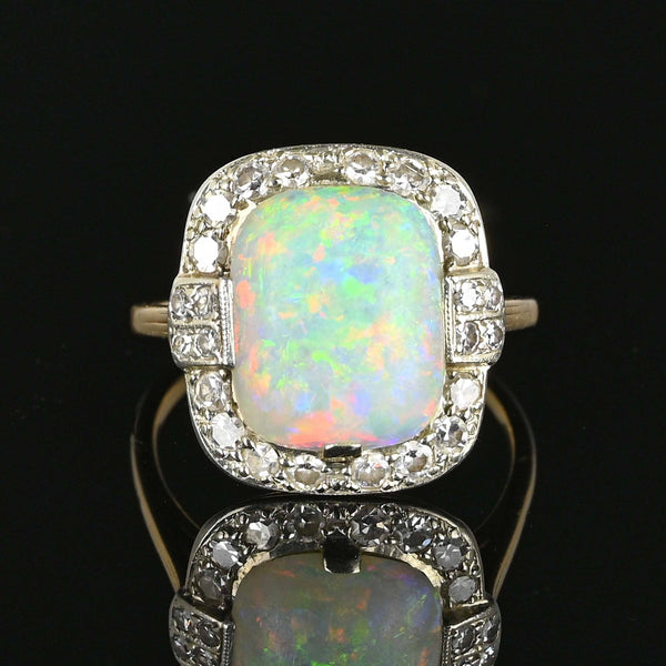 Antique Diamond Halo Opal Ring in Platinum & 14K Gold - Boylerpf