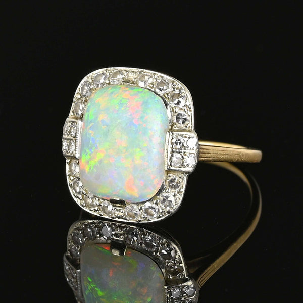 Antique Diamond Halo Opal Ring in Platinum & 14K Gold - Boylerpf