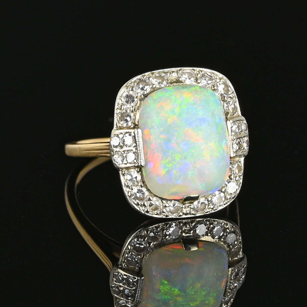 Antique Diamond Halo Opal Ring in Platinum & 14K Gold - Boylerpf