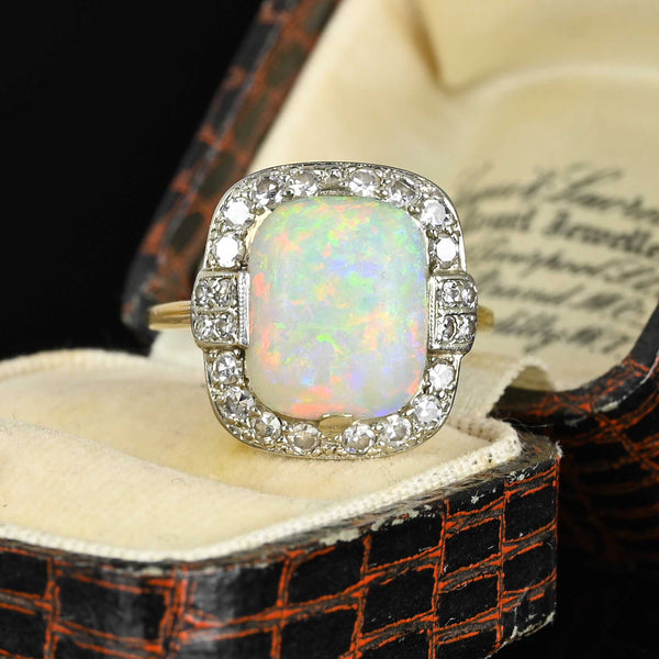 Antique Diamond Halo Opal Ring in Platinum & 14K Gold - Boylerpf