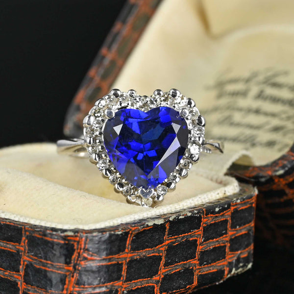Diamond Halo Sapphire Heart Ring in 14K White Gold - Boylerpf