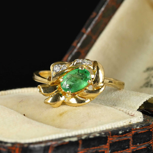 Vintage 14K Gold Bow Diamond Emerald Ring - Boylerpf