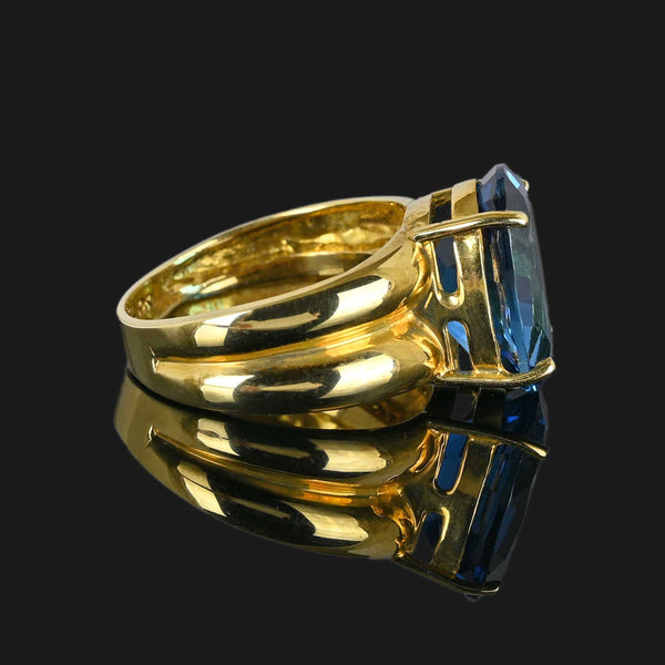 Vintage London Blue Topaz Ring, Wide Gold Double Band - Boylerpf