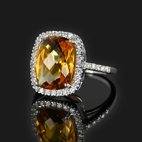 Checkerboard Citrine Diamond Halo Ring in 18K White Gold - Boylerpf