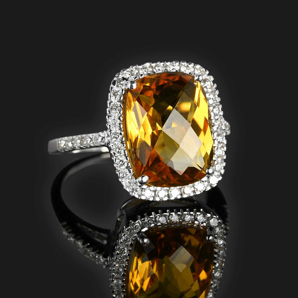 Checkerboard Citrine Diamond Halo Ring in 18K White Gold - Boylerpf