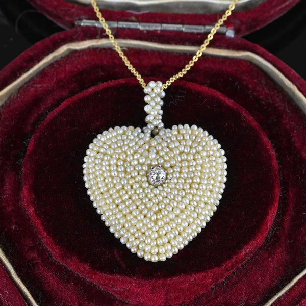 Antique Georgian Seed Pearl Diamond Heart Pendant - Boylerpf