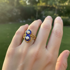 Fine 18K Gold Blue Guilloche Enamel Floral Ring - Boylerpf
