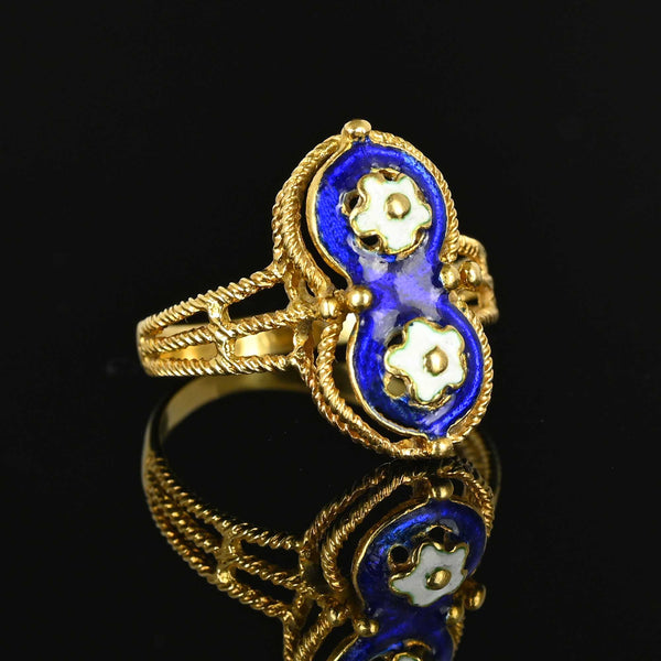 Fine 18K Gold Blue Guilloche Enamel Floral Ring - Boylerpf