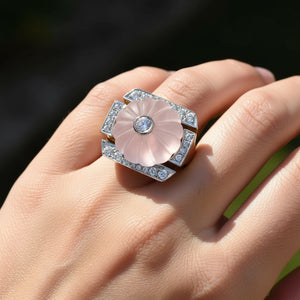 Vintage Melon Rose Quartz Diamond Ring in 14K Gold - Boylerpf