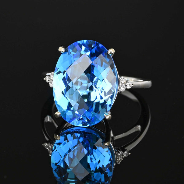 Diamond Checkerboard Cut Blue Topaz Ring in 14K White Gold - Boylerpf