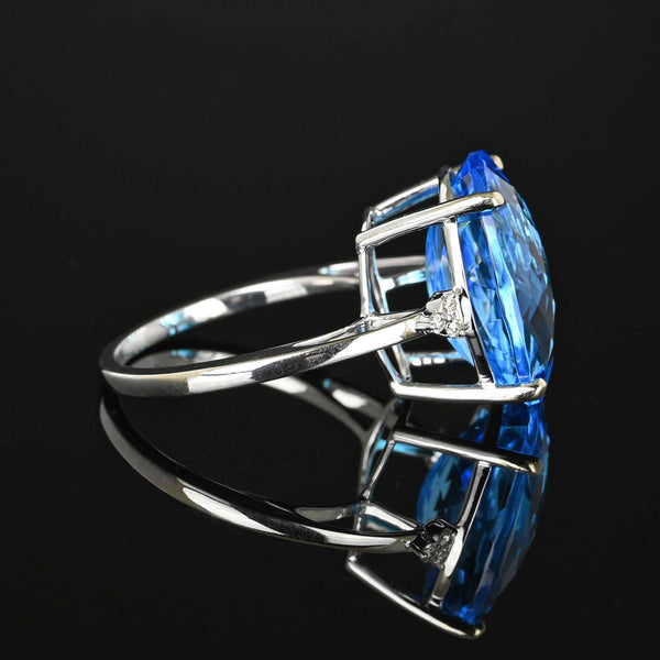 Diamond Checkerboard Cut Blue Topaz Ring in 14K White Gold - Boylerpf