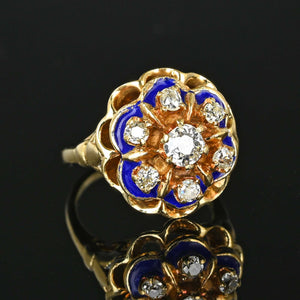 Cobalt Blue Enamel Mine Cut Diamond Ring in 14K Gold - Boylerpf