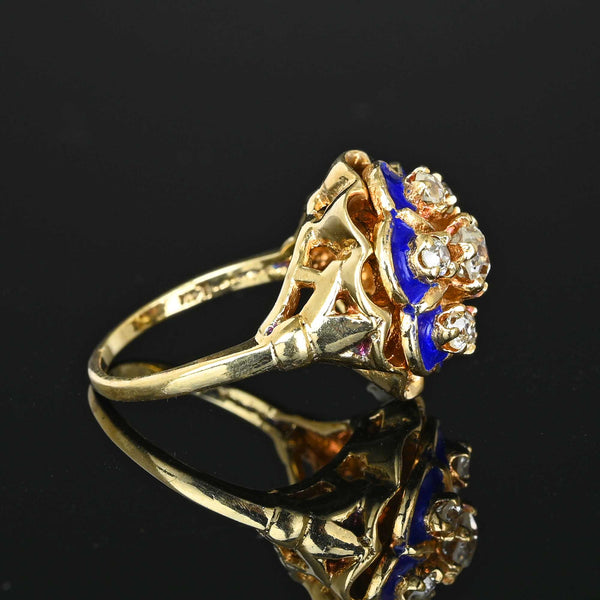 Cobalt Blue Enamel Mine Cut Diamond Ring in 14K Gold - Boylerpf