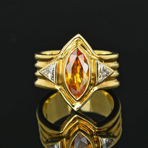 Vintage 18K Gold Trillion Diamond Citrine Ring, Wide Band - Boylerpf