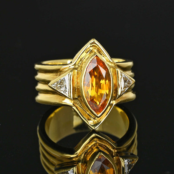 Vintage 18K Gold Trillion Diamond Citrine Ring, Wide Band - Boylerpf