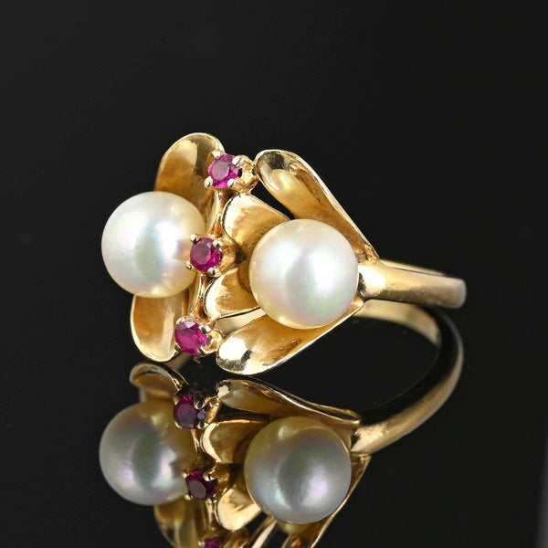 Vintage Cultured Pearl Ruby Ring in 14K Gold - Boylerpf