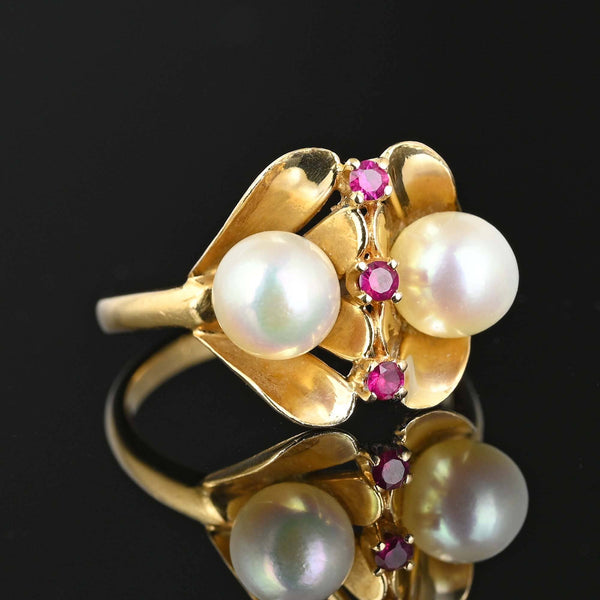 Vintage Cultured Pearl Ruby Ring in 14K Gold - Boylerpf